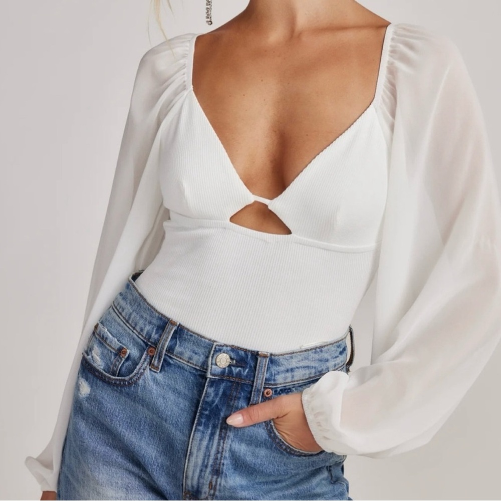 12th Tribe White Long Sleeve Cut Out Bodysuit